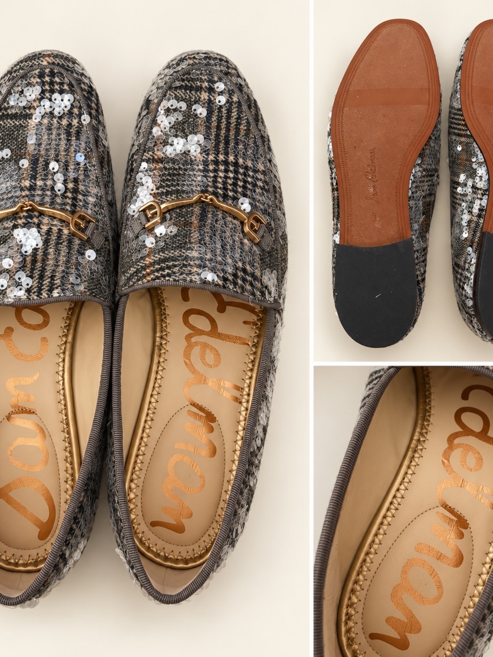 Sam Edelman Gray Plaid Sequin Horsebit Loafers
